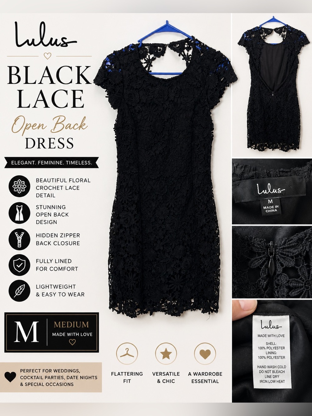 Lulus Black Crochet Lace Open Back Cocktail Dress Medium